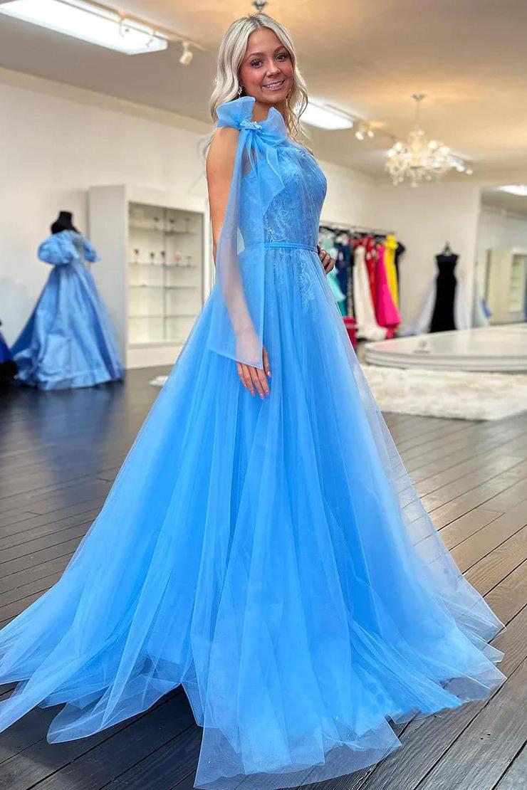 A Line Prom Dress One Shoulder Blue Tulle with Appliques Evening Dress