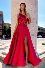 A Line Prom Dress One Shoulder Sequin Long Evening Dress With Split