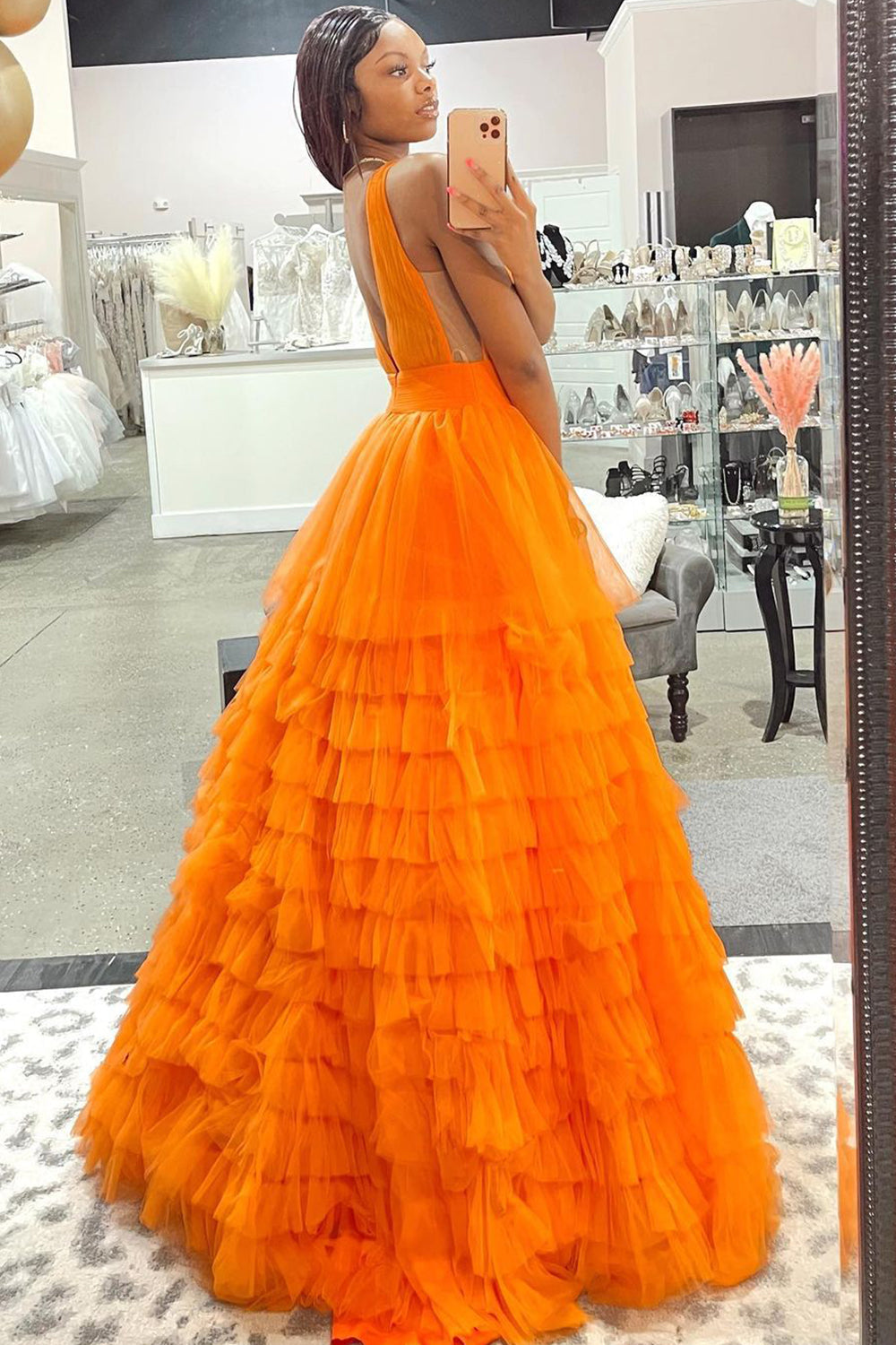 A Line Prom Dress Orange V Neck Tulle Long Evening Dress