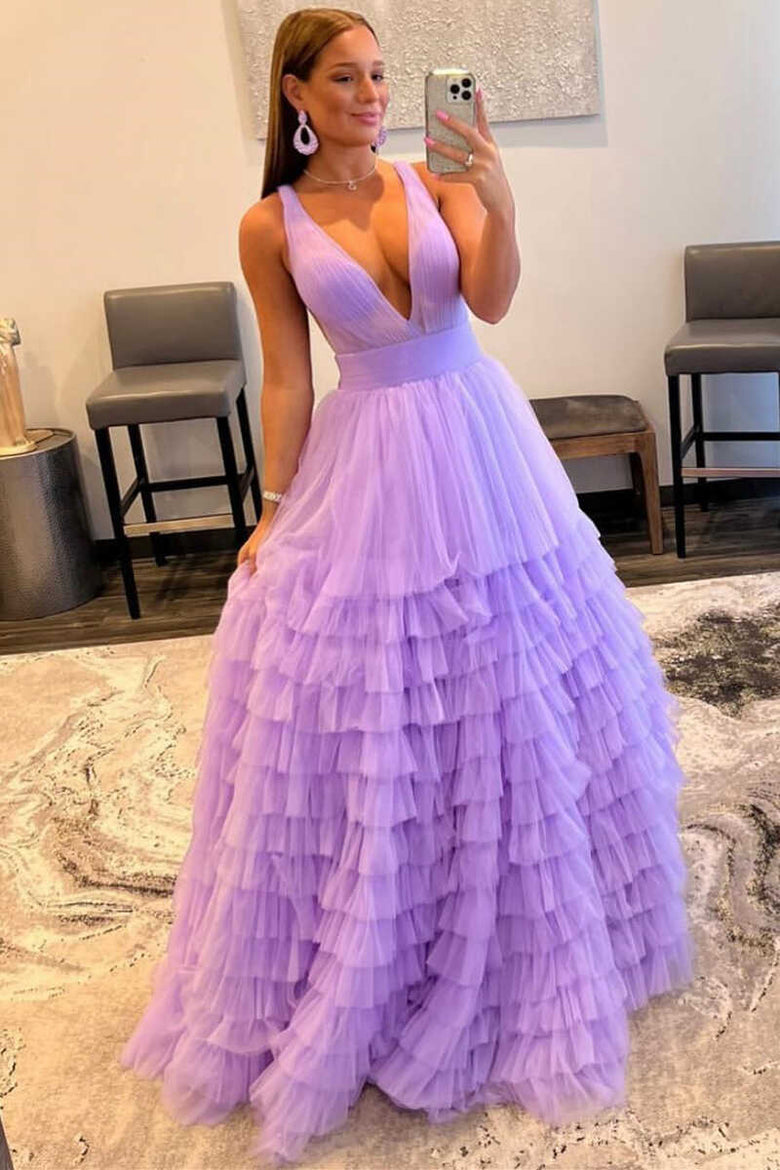 A Line Prom Dress Orange V Neck Tulle Long Evening Dress