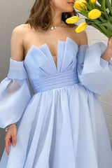 A Line Prom Dress Organza Blue Long with Puff Sleeves Formal Party Dress Evening Dress