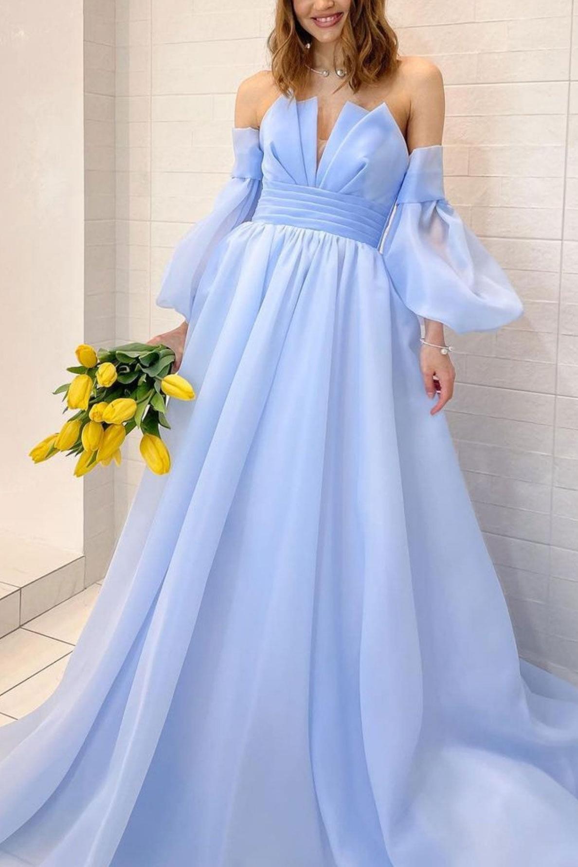 A Line Prom Dress Organza Blue Long with Puff Sleeves Formal Party Dress Evening Dress