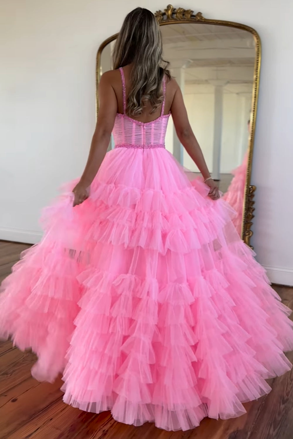 A Line Prom Dress Pink Spaghetti Straps Tiered Corset Tulle Long Evening Dress