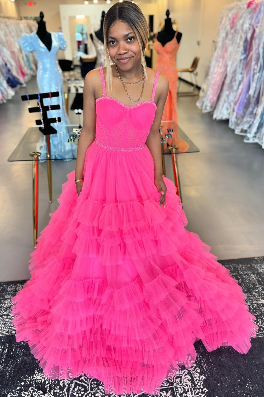 A Line Prom Dress Pink Spaghetti Straps Tiered Corset Tulle Long Evening Dress