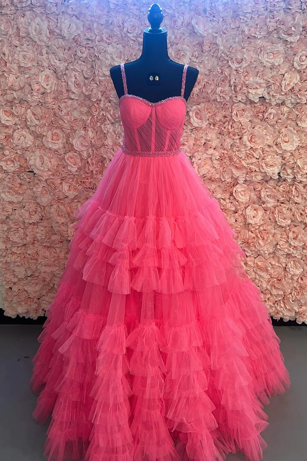 A Line Prom Dress Pink Spaghetti Straps Tiered Corset Tulle Long Evening Dress