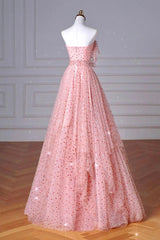 A Line Prom Dress Pink Tulle Long Formal Gown Evening Dress