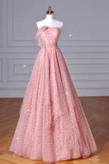 A Line Prom Dress Pink Tulle Long Formal Gown Evening Dress