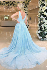 A Line Prom Dress Plunging V Neck Sequin Evening Dress