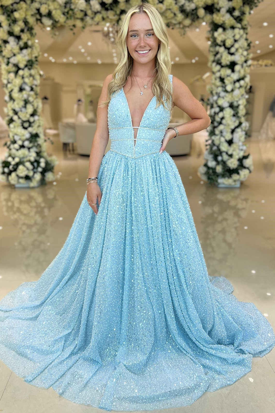 A Line Prom Dress Plunging V Neck Sequin Evening Dress