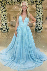 A Line Prom Dress Plunging V Neck Sequin Evening Dress