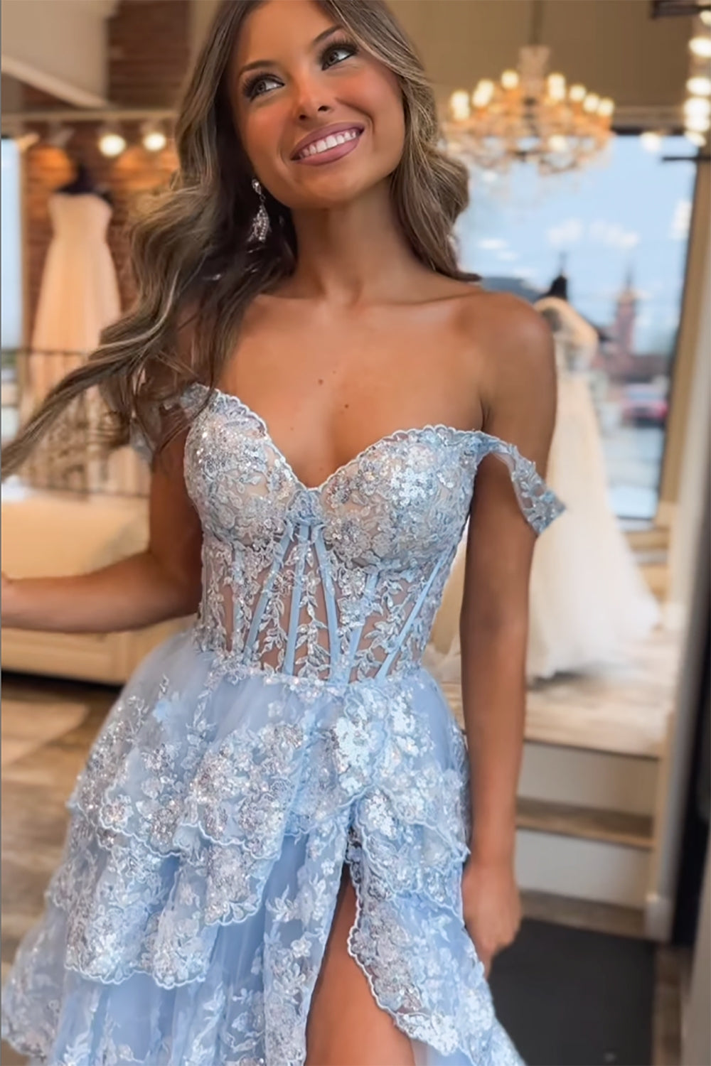 A Line Prom Dress Princess Off the Shoulder Corset with Lace Evening Dress