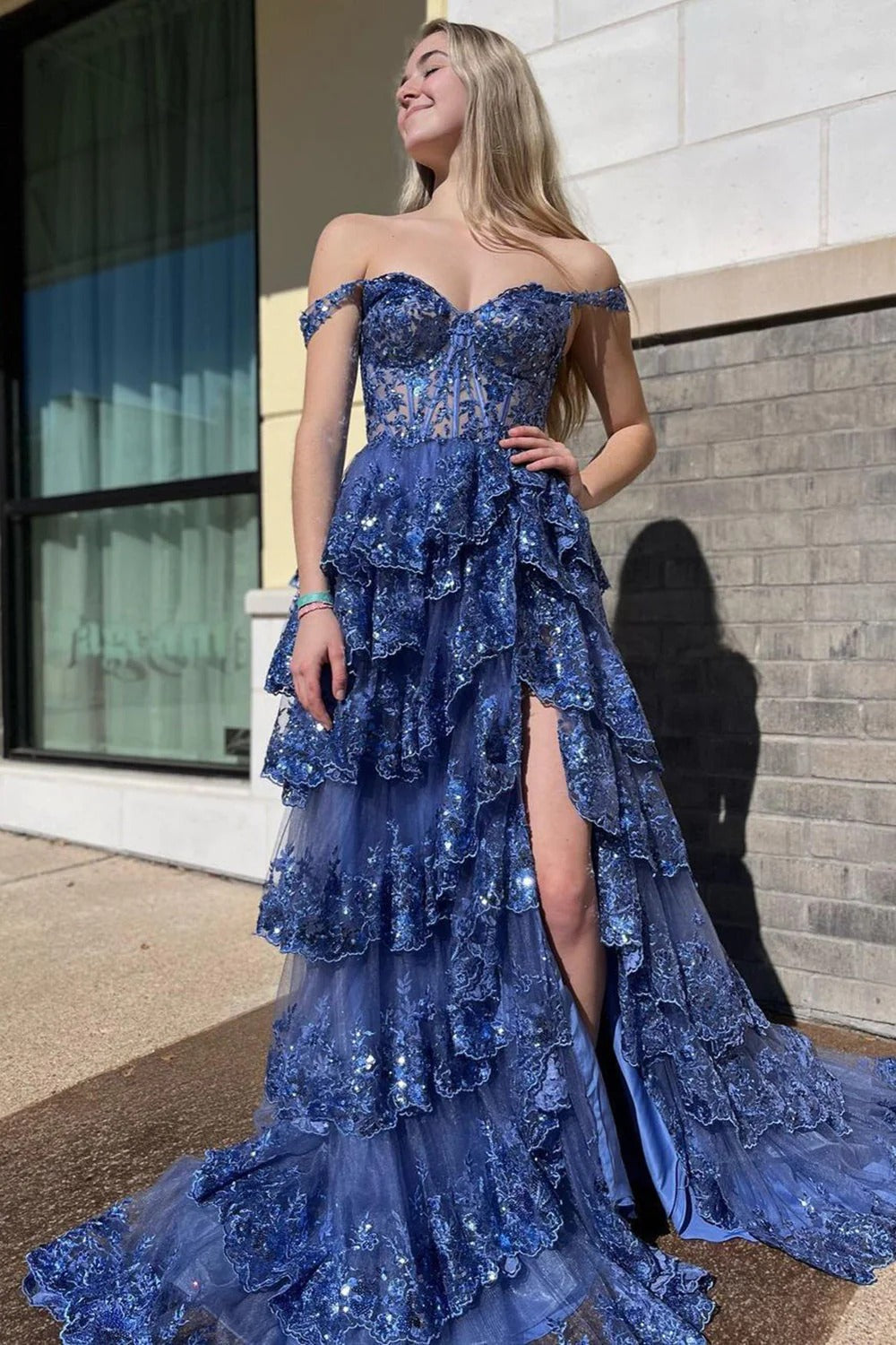 A Line Prom Dress Princess Off the Shoulder Corset with Lace Evening Dress