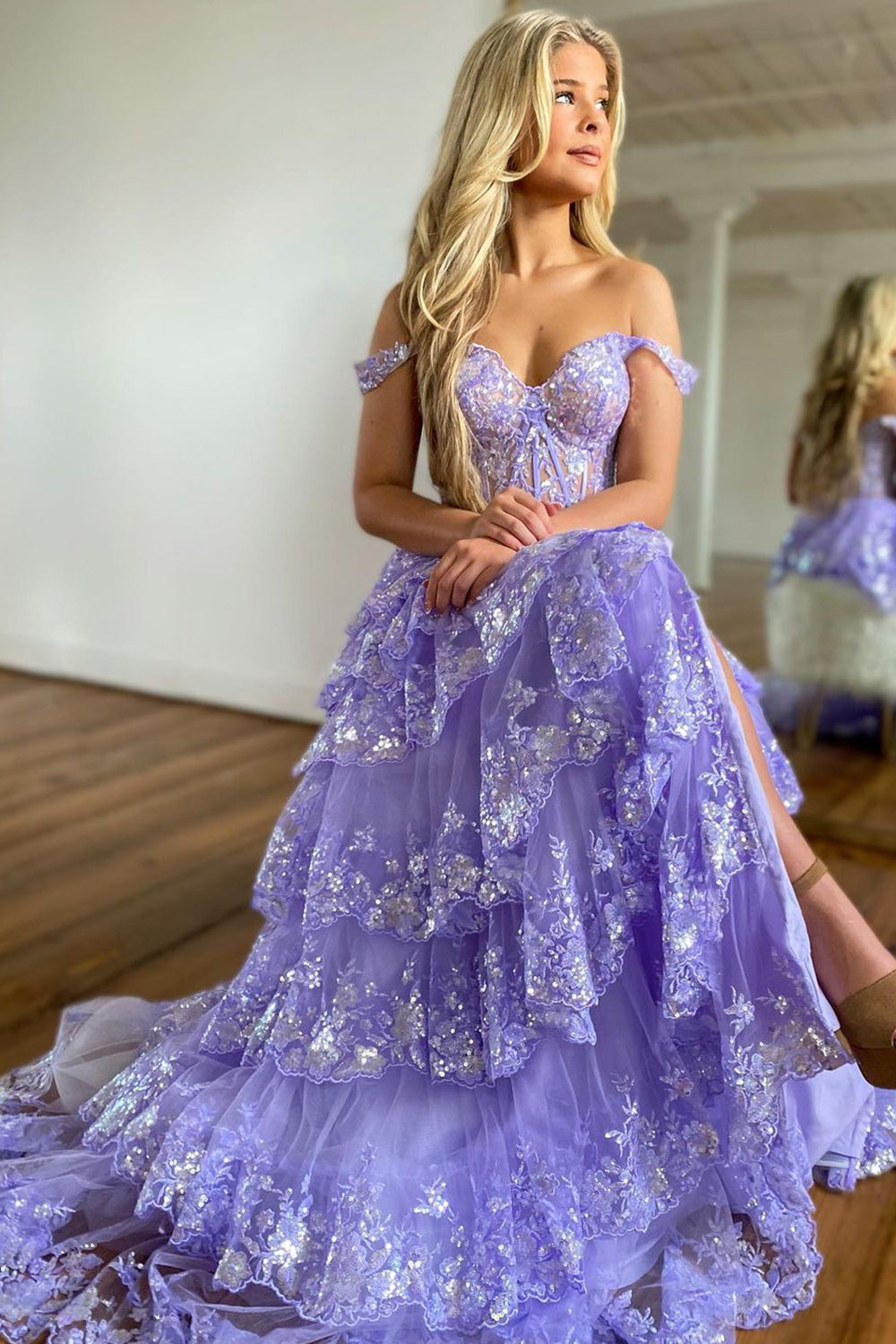 A Line Prom Dress Princess Off the Shoulder Corset with Lace Evening Dress