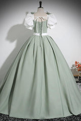 A Line Prom Dress Puff SleevSatin Green Long Formal Dress Evening Dress