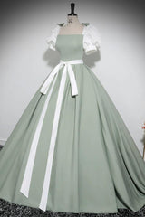 A Line Prom Dress Puff SleevSatin Green Long Formal Dress Evening Dress