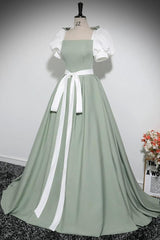 A Line Prom Dress Puff SleevSatin Green Long Formal Dress Evening Dress