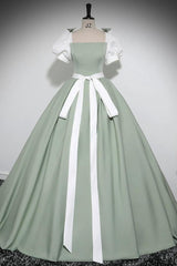 A Line Prom Dress Puff SleevSatin Green Long Formal Dress Evening Dress