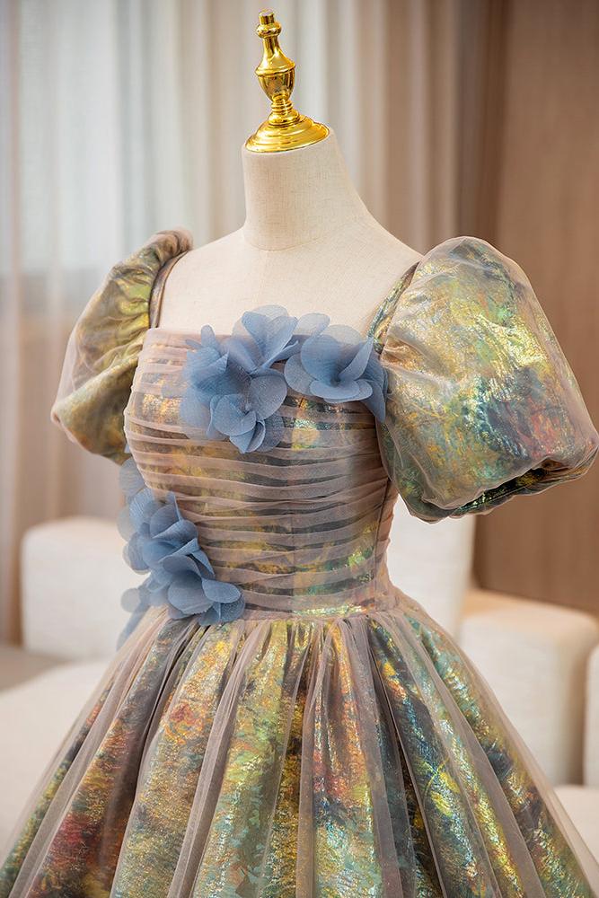 A Line Prom Dress Puff Sleeves Gold Long Evening Dress with Flower