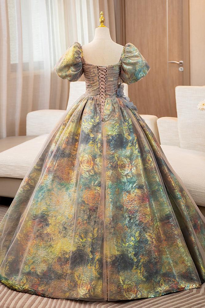 A Line Prom Dress Puff Sleeves Gold Long Evening Dress with Flower