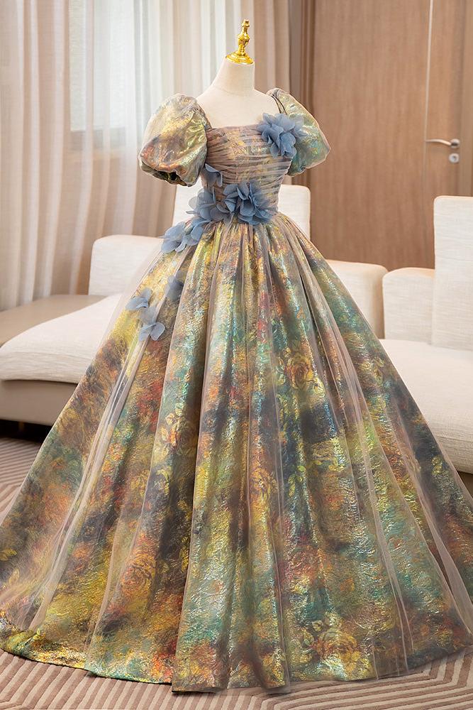 A Line Prom Dress Puff Sleeves Gold Long Evening Dress with Flower