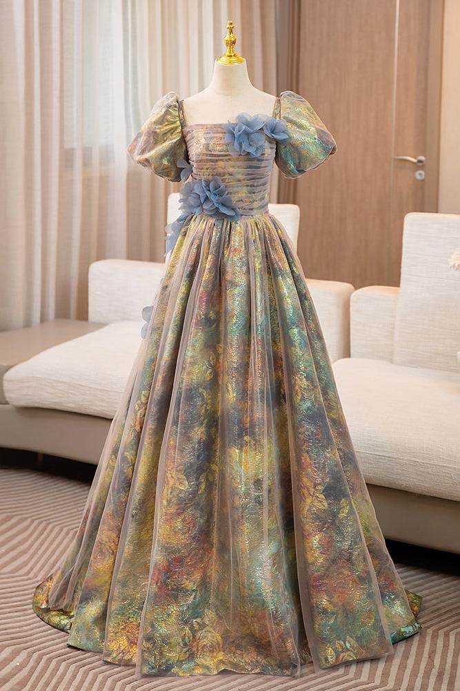 A Line Prom Dress Puff Sleeves Gold Long Evening Dress with Flower