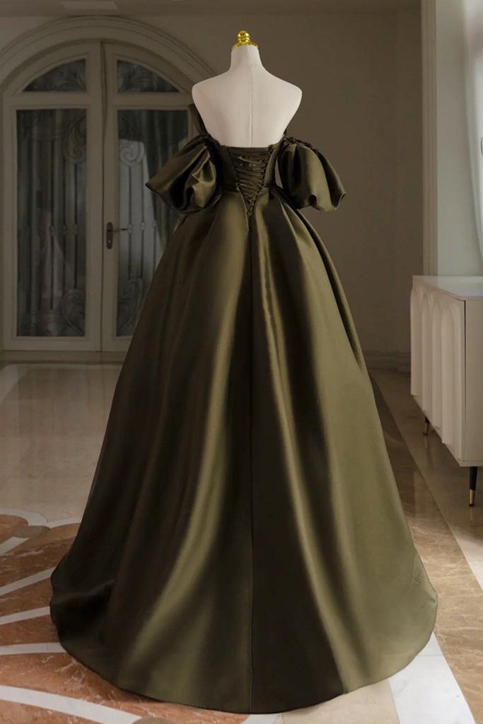A Line Prom Dress Puff Sleeves Olive Green Satin Long Evening Dress