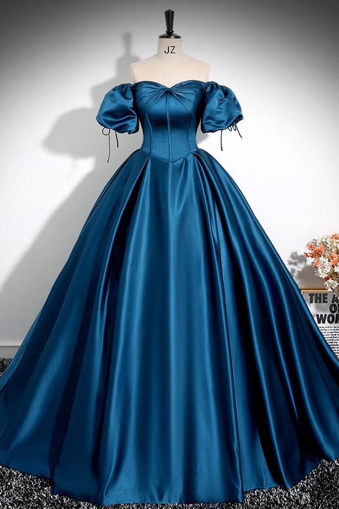 A Line Prom Dress Puff Sleeves Satin Peacock Blue Long Formal Dress Evening Dress