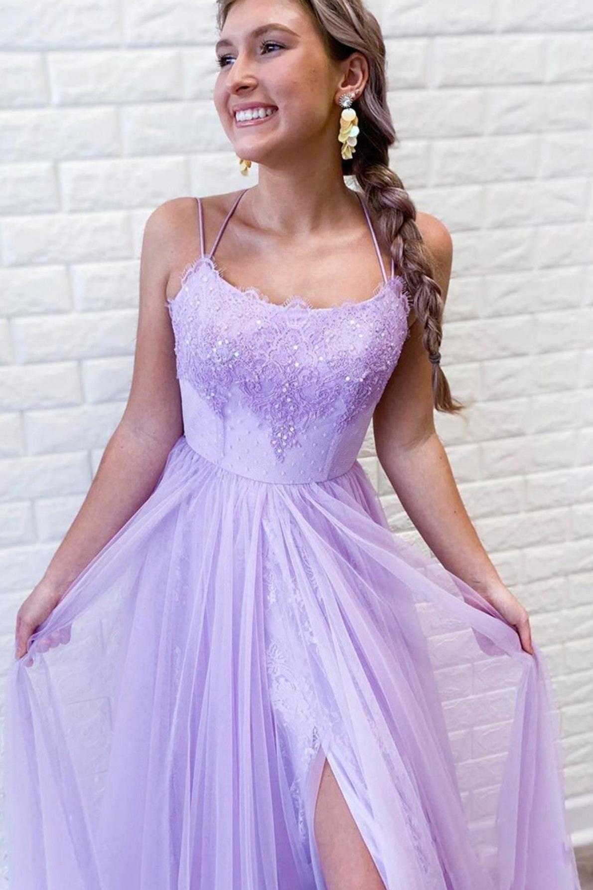 A Line Prom Dress Purple Backless Tulle Long Evening Dress