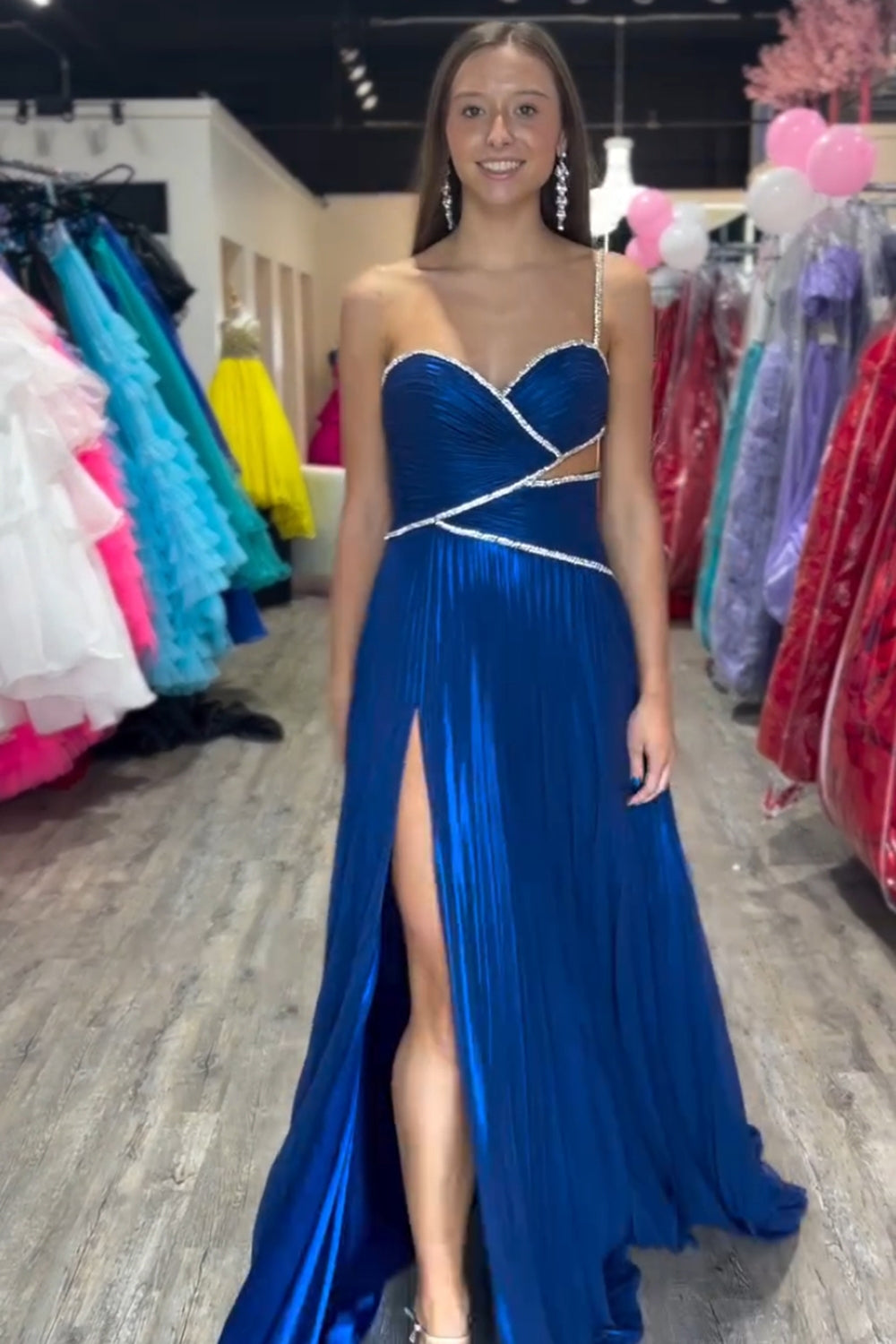 A-Line Prom Dress Royal Blue One Shoulder Long Evening Dress with Slit