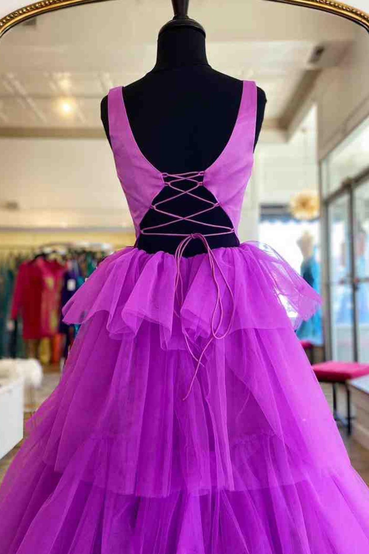 A Line Prom Dress Ruffled Purple Tulle Long Evening Dress