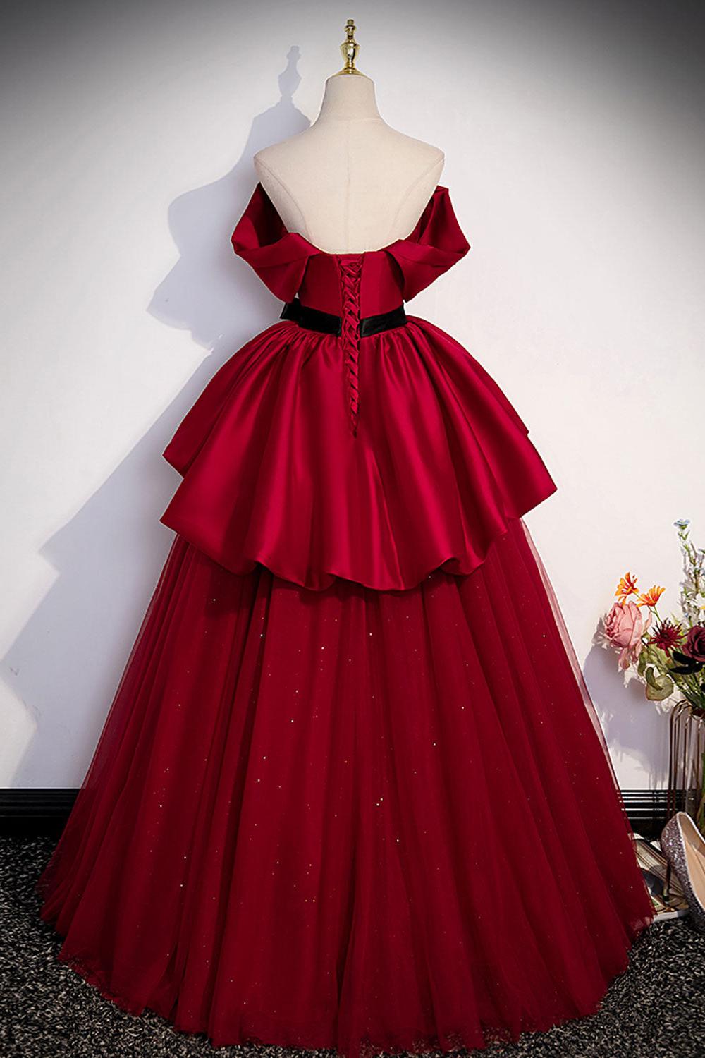 A Line Prom Dress Satin Burgundy Long Evening Dress