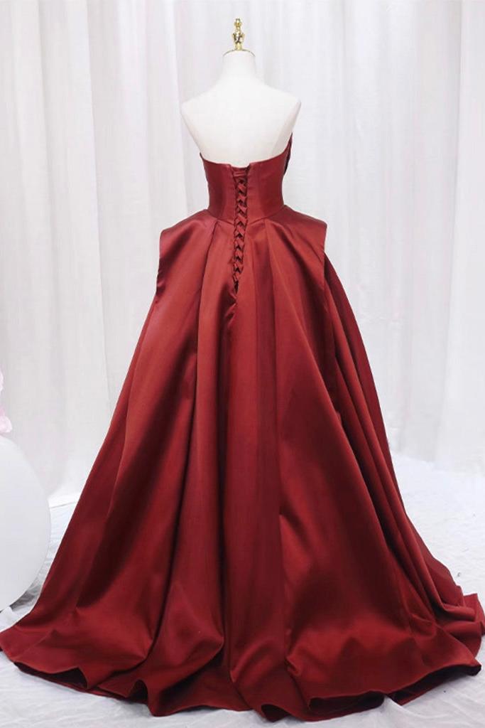 A Line Prom Dress Satin Burgundy Long Formal Gown Evening Dress