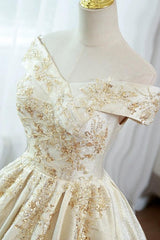 A Line Prom Dress Satin Lace Off the Shoulder Champagne Long Evening Dress