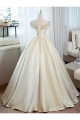 A Line Prom Dress Satin Lace Off the Shoulder Champagne Long Evening Dress