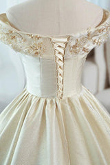 A Line Prom Dress Satin Lace Off the Shoulder Champagne Long Evening Dress