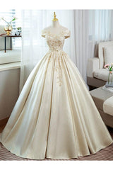 A Line Prom Dress Satin Lace Off the Shoulder Champagne Long Evening Dress