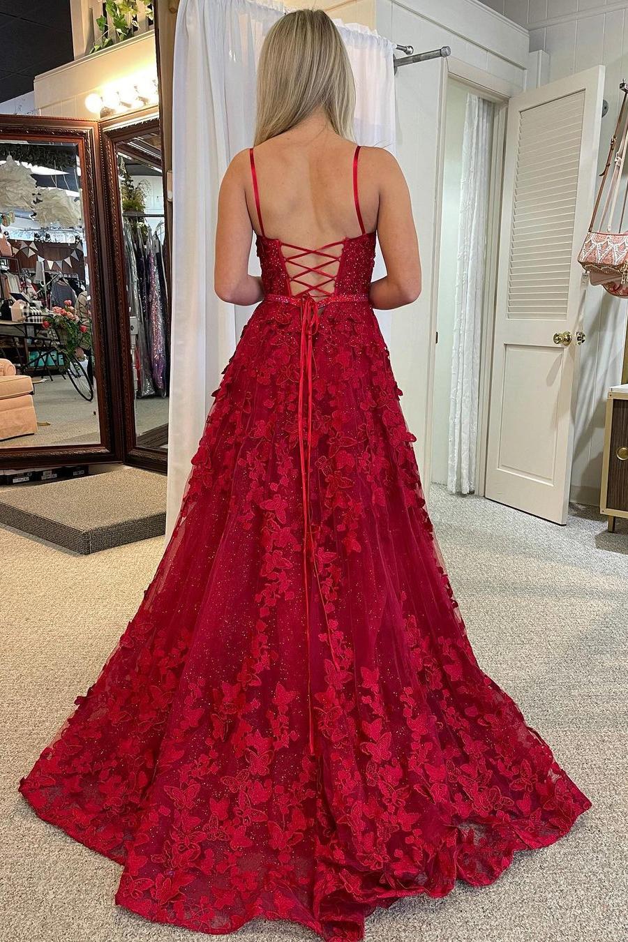 A Line Prom Dress Scoop Neck Red Lace Evening Dress with Beadings