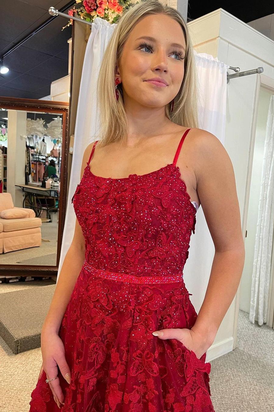 A Line Prom Dress Scoop Neck Red Lace Evening Dress with Beadings