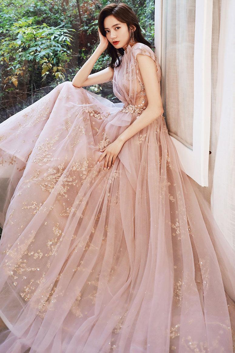 A Line Prom Dress Scoop Neck Sequin Pink Long Formal Graduation Evening Gown Evening Dress