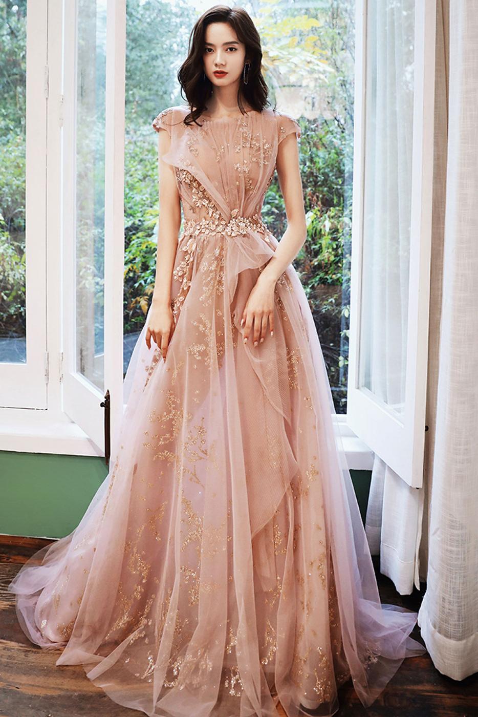 A Line Prom Dress Scoop Neck Sequin Pink Long Formal Graduation Evening Gown Evening Dress