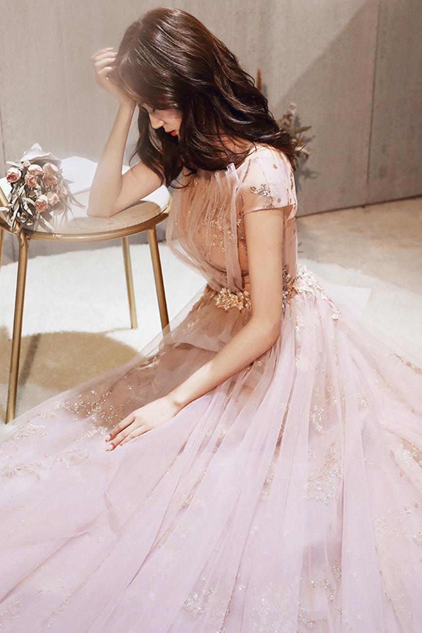 A Line Prom Dress Scoop Neck Sequin Pink Long Formal Graduation Evening Gown Evening Dress