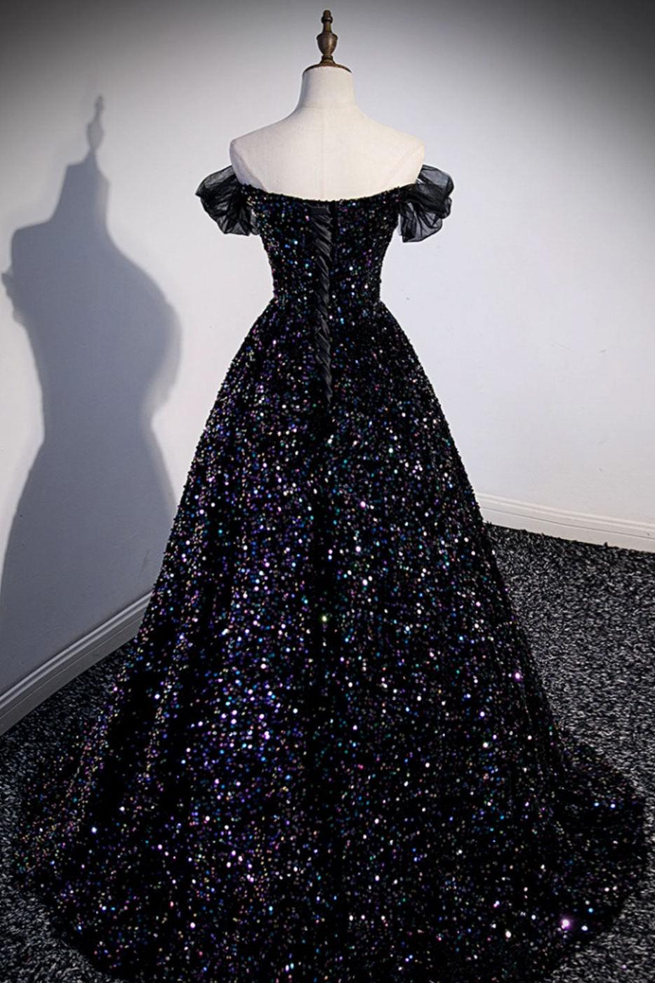 A Line Prom Dress Sequin Black Long Off the Shoulder Evening Dress