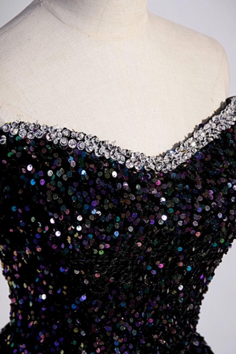 A Line Prom Dress Sequin Black Long Off the Shoulder Evening Dress