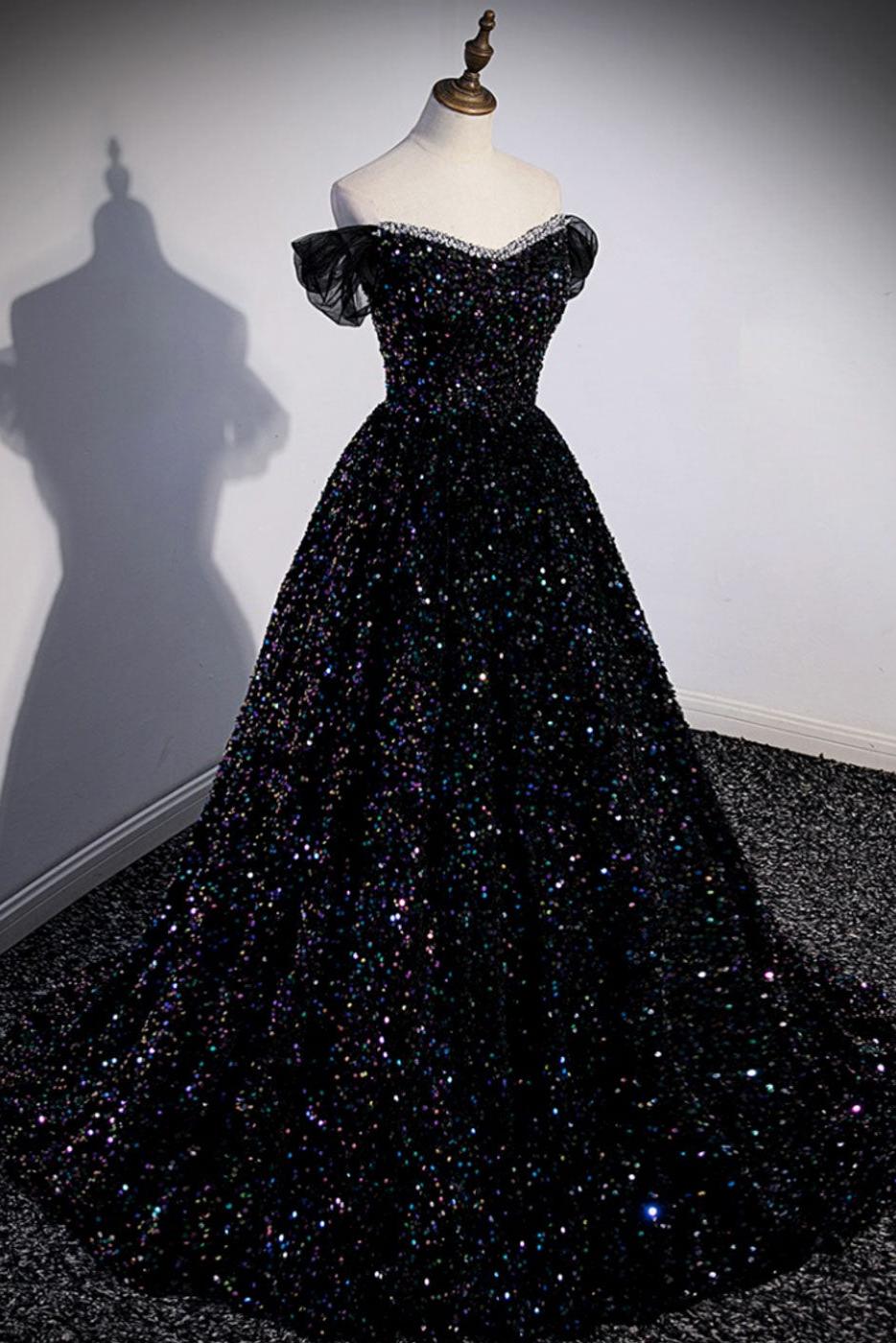 A Line Prom Dress Sequin Black Long Off the Shoulder Evening Dress