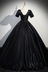 A Line Prom Dress Short Sleeve Satin Black Long Evening Dress