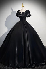 A Line Prom Dress Short Sleeve Satin Black Long Evening Dress