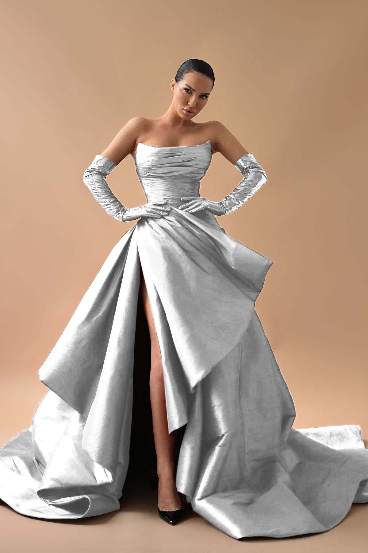 A Line Prom Dress Sleeveless Satin Strapless Formal Dress