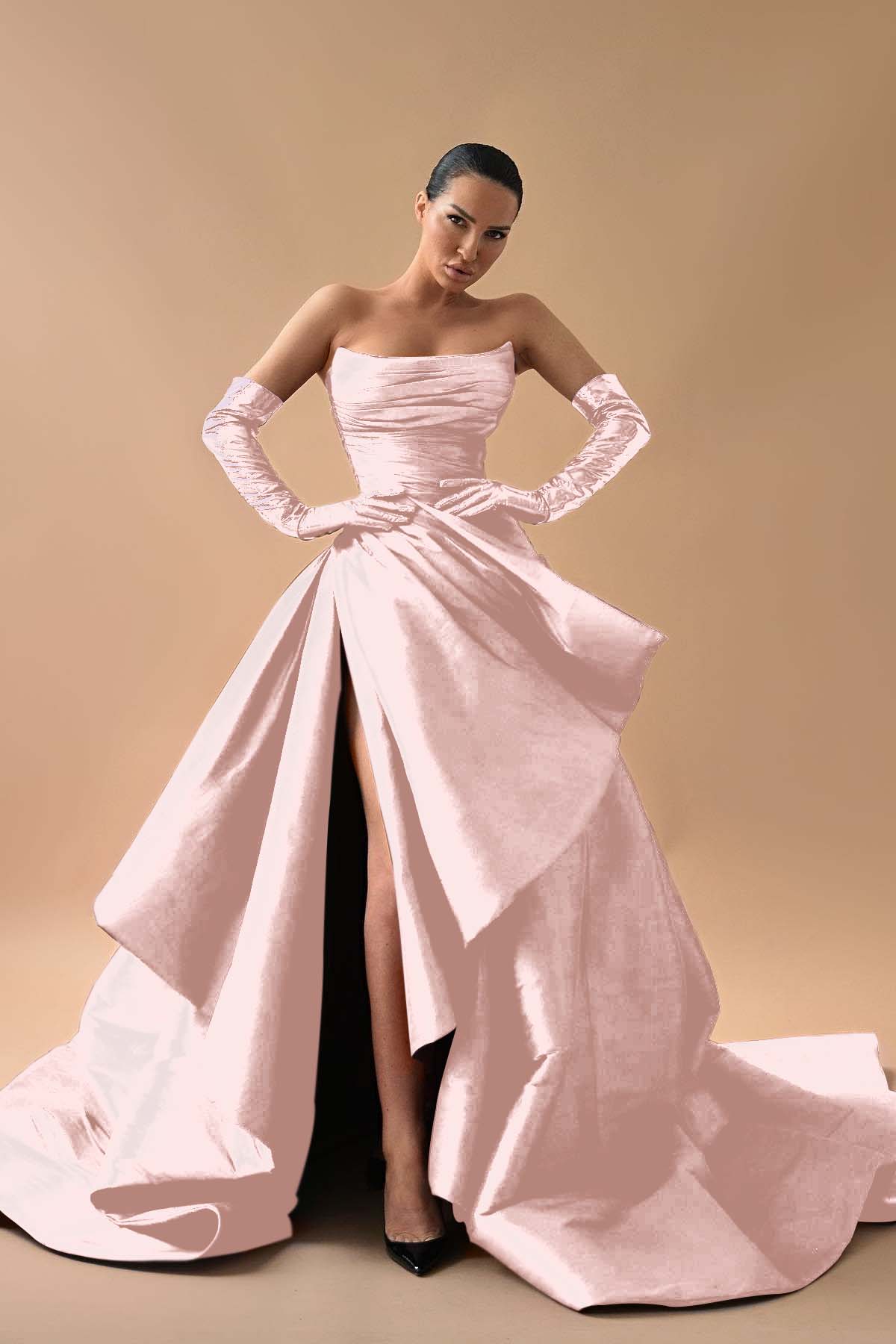 A Line Prom Dress Sleeveless Satin Strapless Formal Dress
