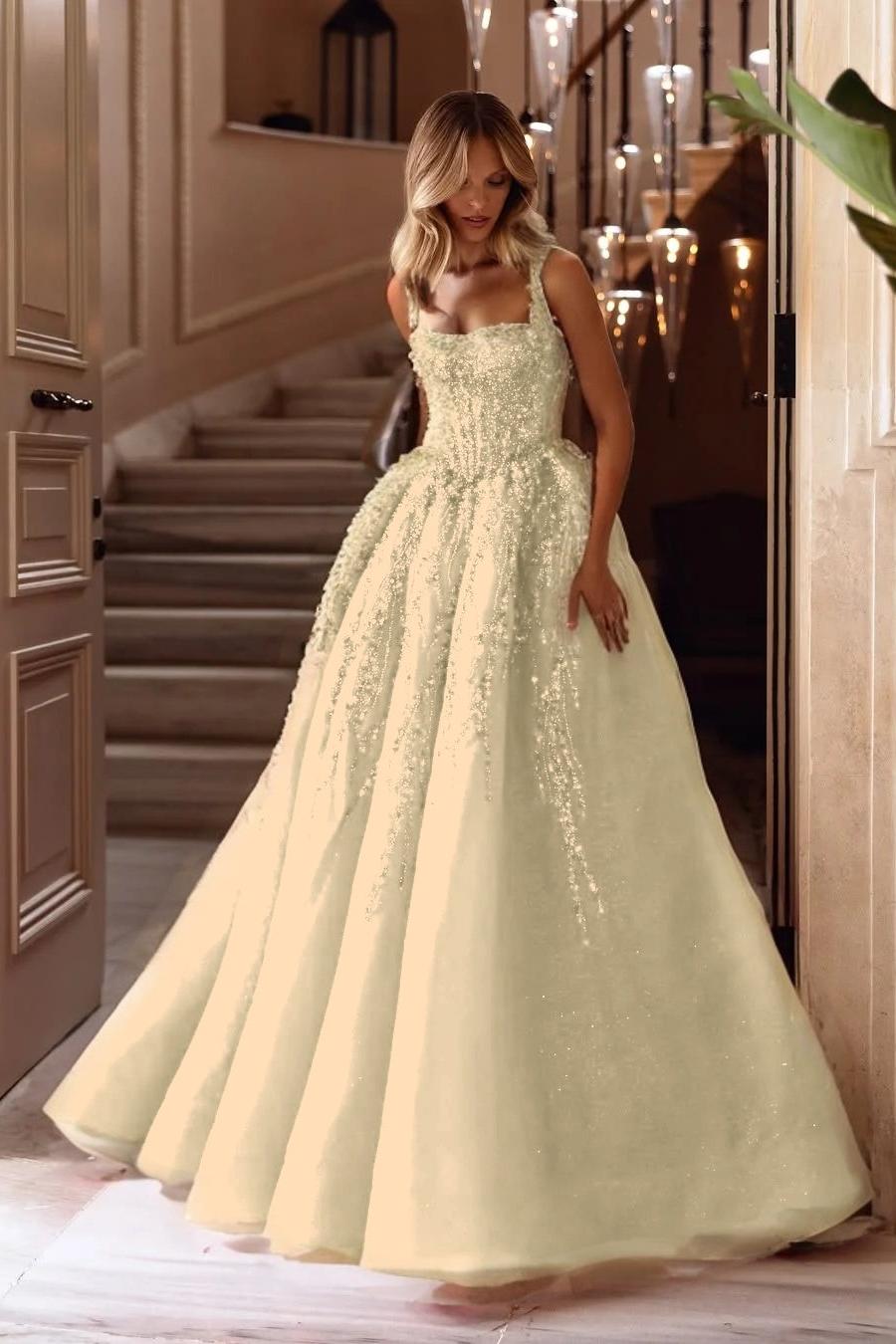 A Line Prom Dress Sleeveless Square Neck Formal Dress With Lace Appliques