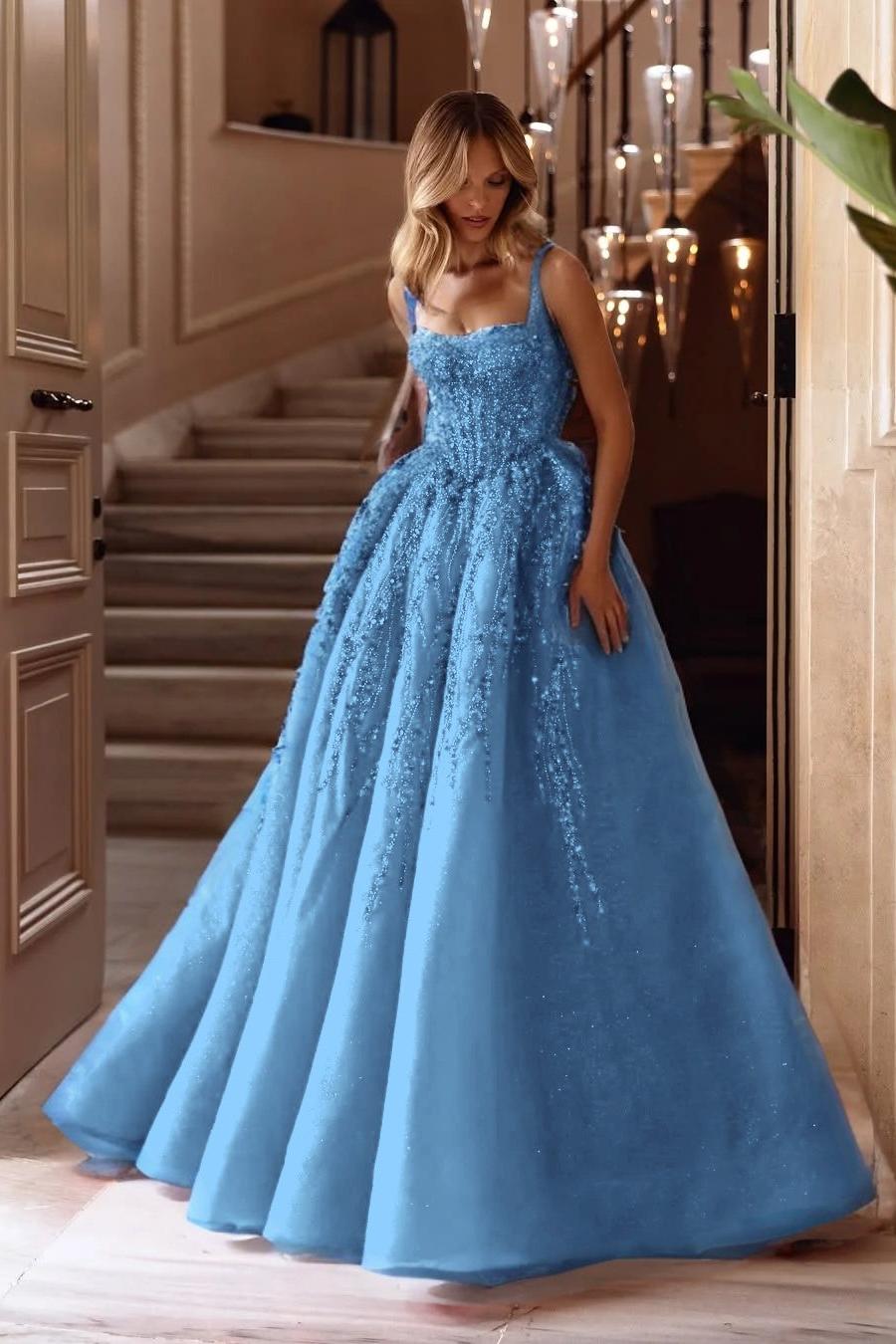 A Line Prom Dress Sleeveless Square Neck Formal Dress With Lace Appliques